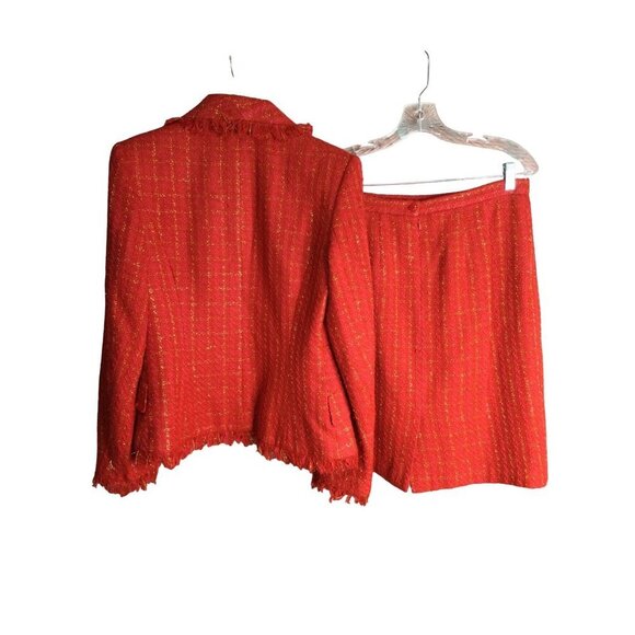Vintage Tweed Skirt Blazer Jacket Set Suit Red Gold Metallic Fringe Detail - Picture 5 of 8